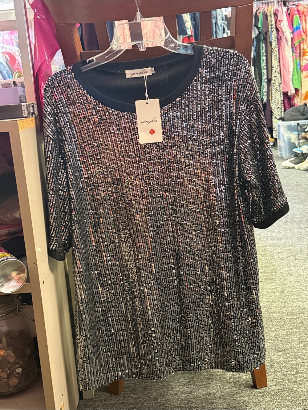 Sequin-Embellished Short Sleeve Top - Black Silver
